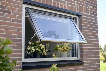 Newly installed white casement window on a brick home in Kalamazoo, MI, professionally fitted by Worthy Construction
