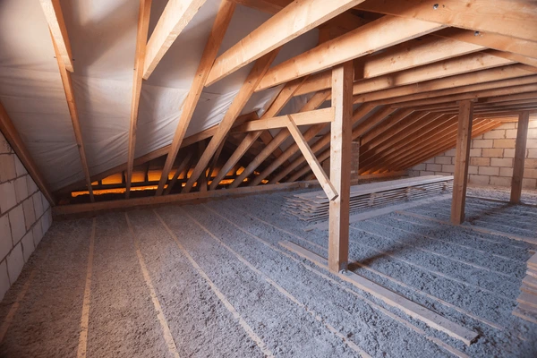 Cellulose insulation being blown into an attic by professional installers