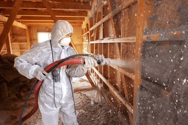 Blown-in cellulose insulation filling attic floor for improved energy efficiency