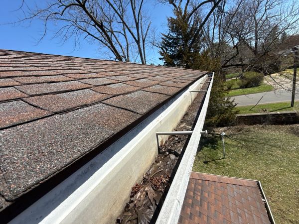 Granules in gutters from asphalt shingles showing normal shedding or possible roof wear.